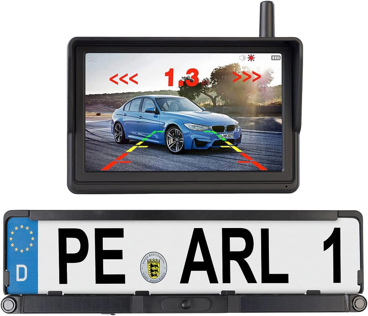 Lescars Rückfahrkamera: Solar-Funk-HD-Rückfahrcam Nummernschildhalter, Monitor, Abstandswarner (Rück