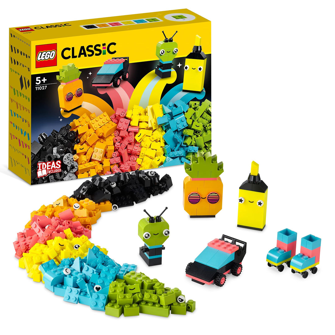 LEGO Classic Neon Kreativ-Bauset, Bausteine-Kiste Set, Konstruktionsspielzeug mit Modellen; Auto, An