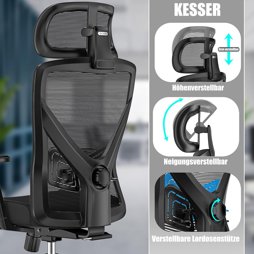 KESSER® Bürostuhl Ergonomisch mit verstellbaren Armlehnen | Drehstuhl mit Lendenwirbelstütze Rückens