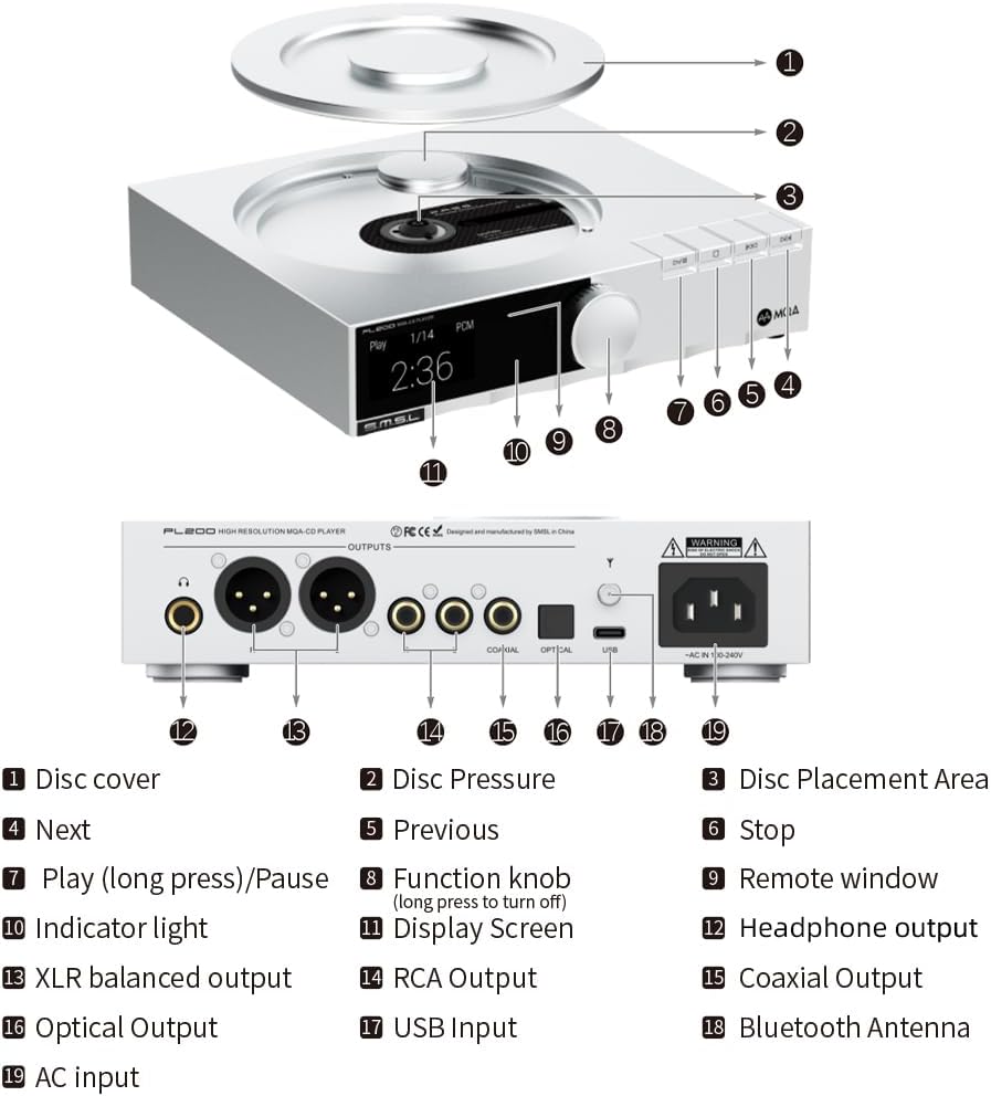 SMSL PL200 MQA-CD-Player Plattenspieler HiFi Lossless AK4499EX Chip Bluetooth Wiedergabe Dekodierung