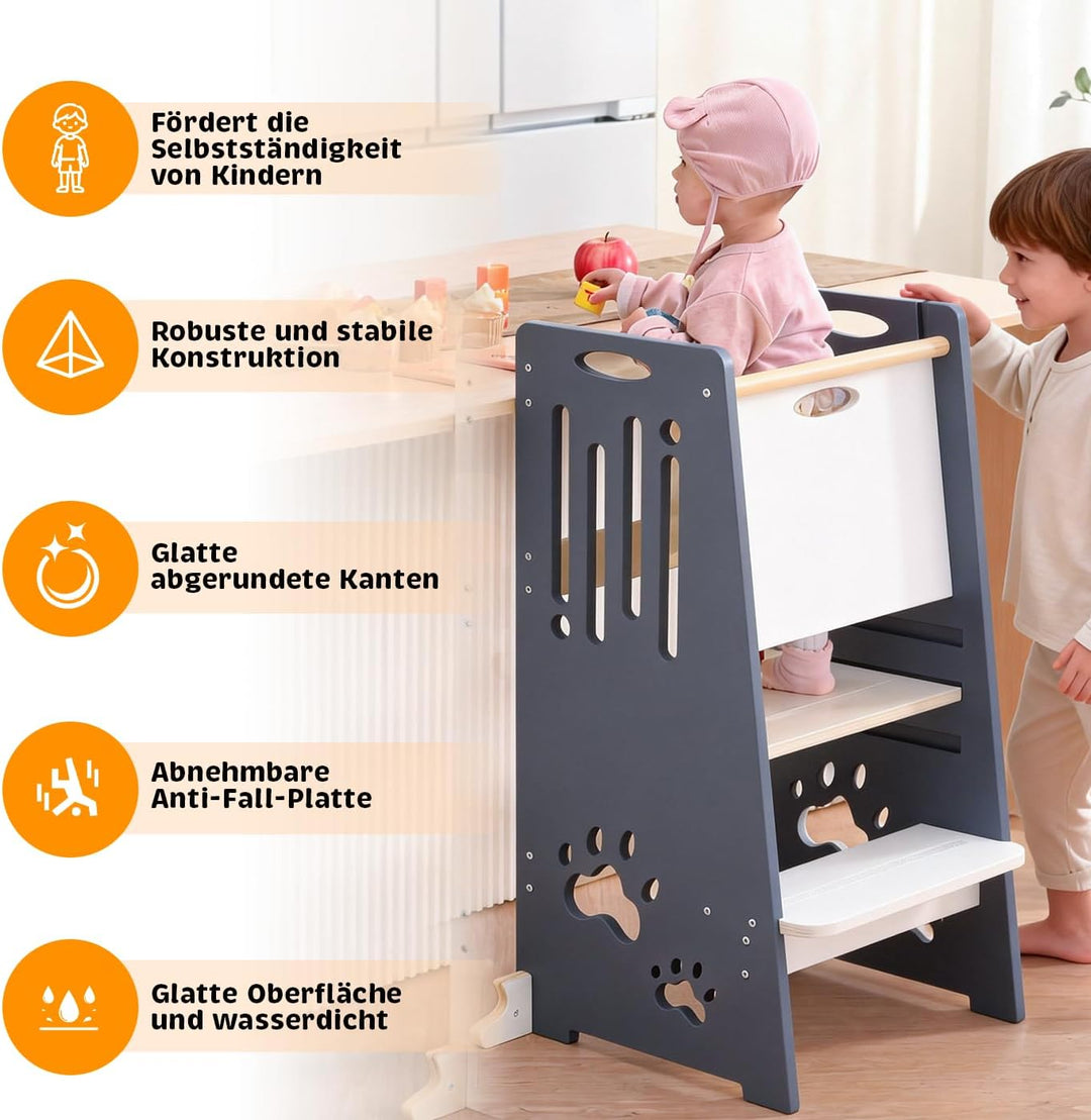 Kleinkind Tritthocker Kinderhocker, Toddler Tower & Lernhocker mit Sicherheitsbarriere, Kippschutz u