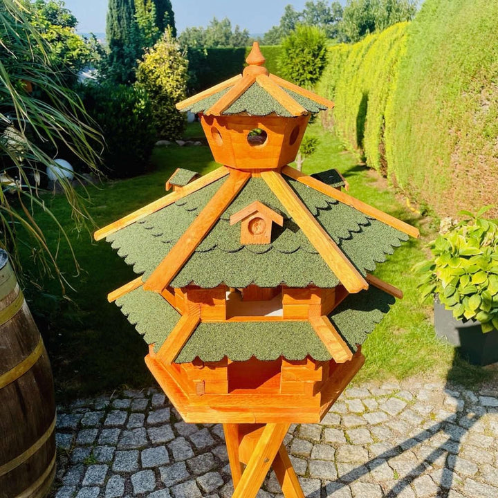 DARLUX Vogelvilla wetterfest von L bis XXL Futterhaus Vogelhaus mit oder ohne Ständer in Braun mit R