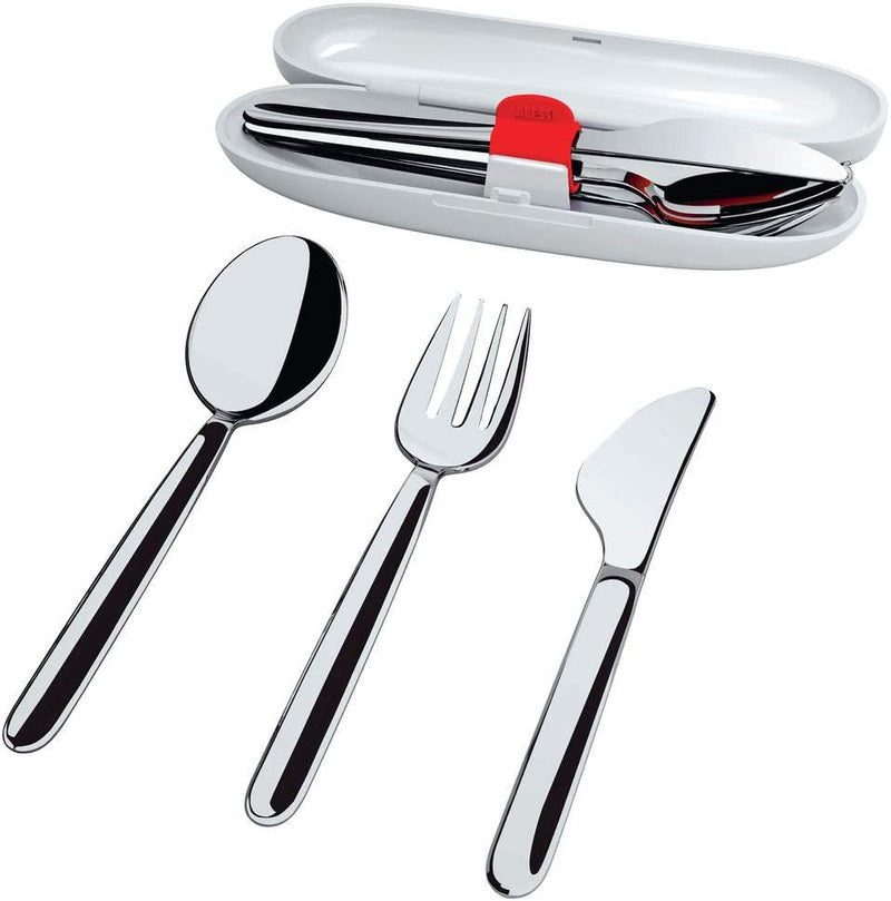 Alessi, Food à porter SA04S3 G, Reisebesteck: Löffel, Gabel, Messer aus Edelstahl 18/10. Etui aus th