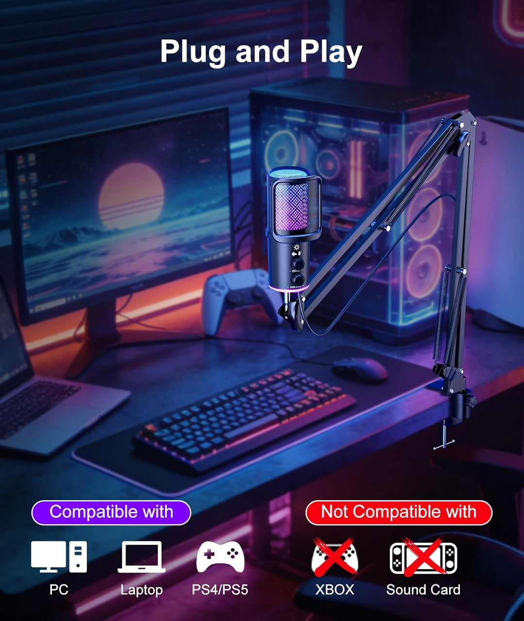 Gaming USB Mikrofon Kit mit Galgenarm - RGB Kondensator Mikrofon mit Geräuschunterdrückung, Stummsch