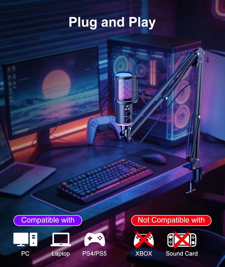 Gaming USB Mikrofon Kit mit Galgenarm - RGB Kondensator Mikrofon mit Geräuschunterdrückung, Stummsch