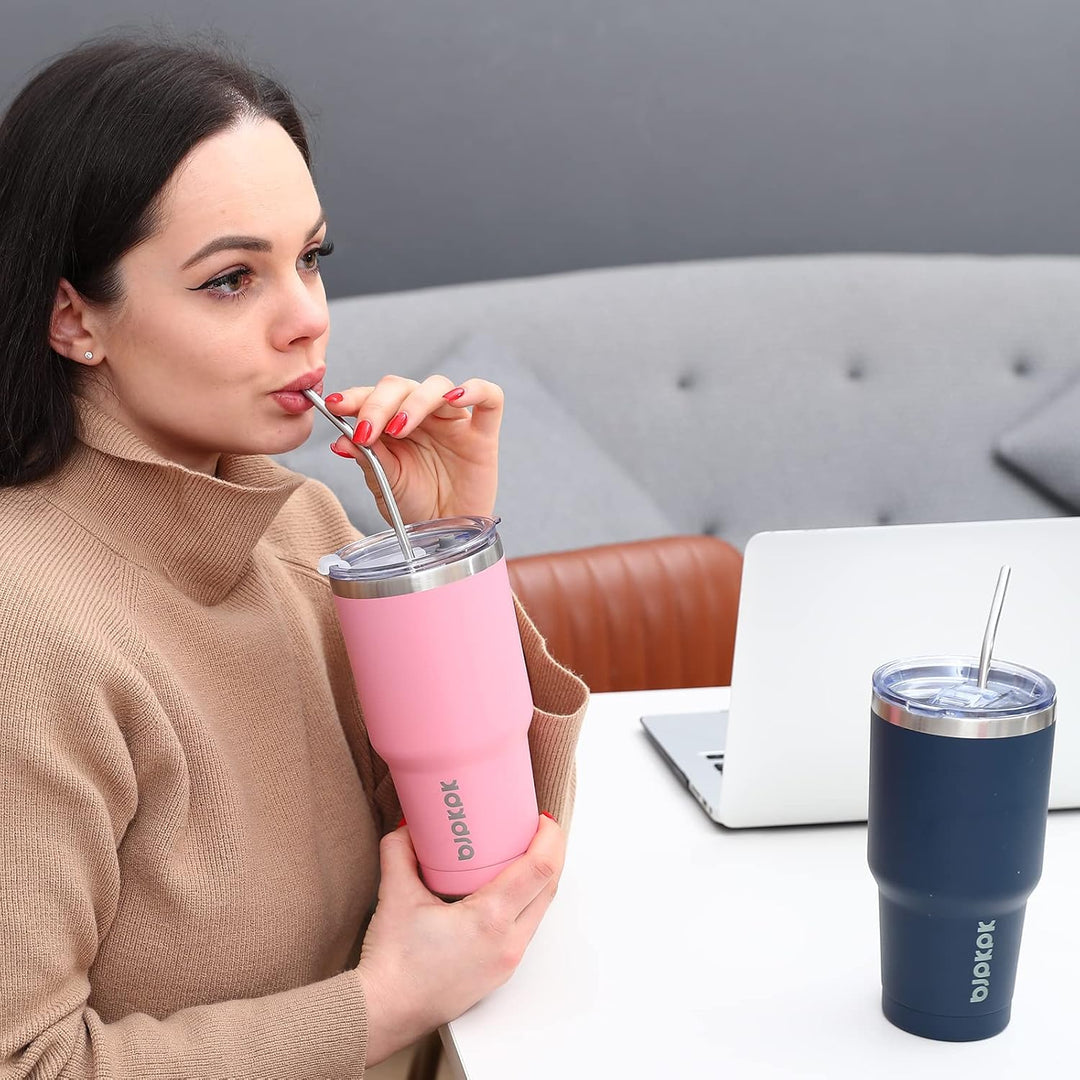 BJPKPK 900 ml Edelstahl-Becher mit Deckel und Strohhalm, doppelwandig vakuumisoliert, isolierter Rei