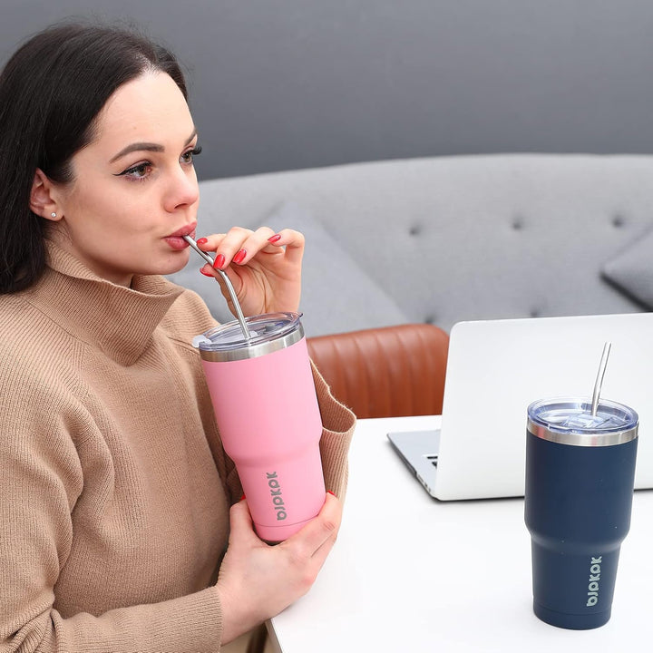 BJPKPK 900 ml Edelstahl-Becher mit Deckel und Strohhalm, doppelwandig vakuumisoliert, isolierter Rei