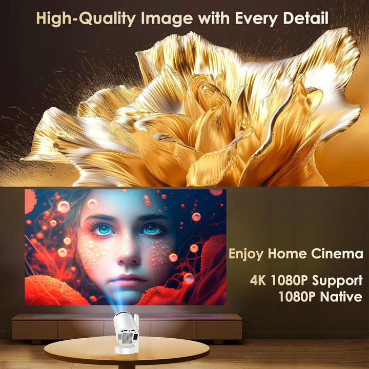 Mini Beamer Unterstützt FHD 4K 1080P, Projektor Tragbarer mit WiFi 6 und Bluetooth 5.4 Beamer Klein