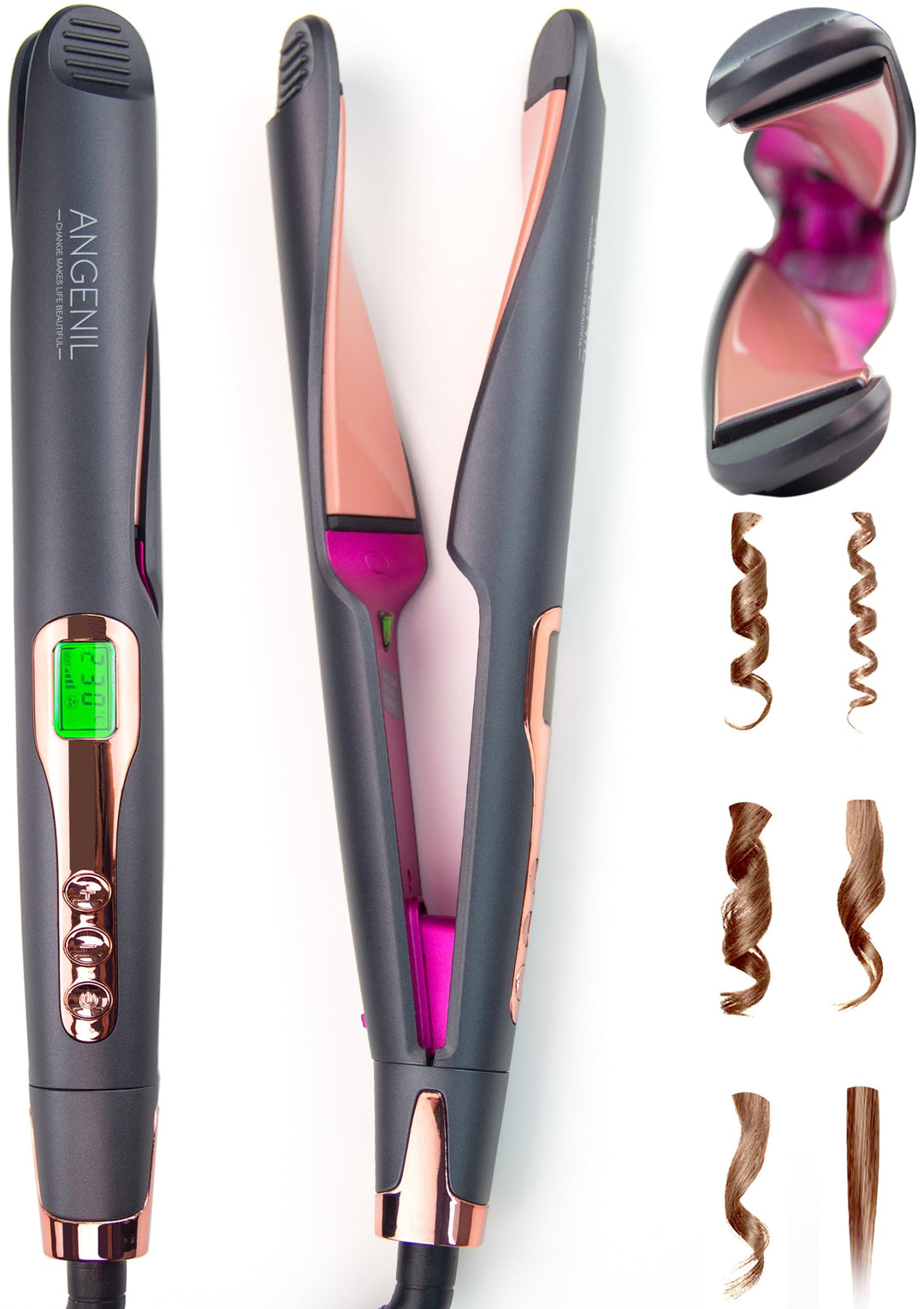 ANGENIL Pro Twist Haarglätter für Damen, Haarglätter und Lockenstab 2 in 1 mit Dualspannung, Runder