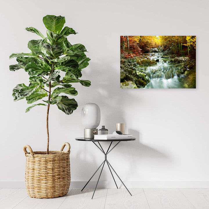Feeby Bild auf Leinwand Bach Kunstdruck modern Wald Gelb 80x60 cm