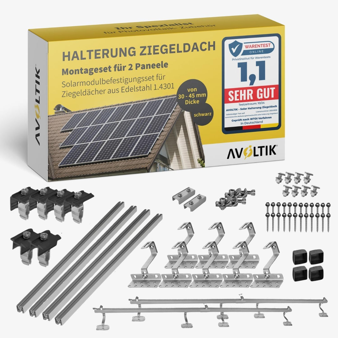 Avoltik Solar Halterung Ziegeldach mit Klemmen SCHWARZ I Montageset für 2 Paneele I 8 Dachhaken Edel