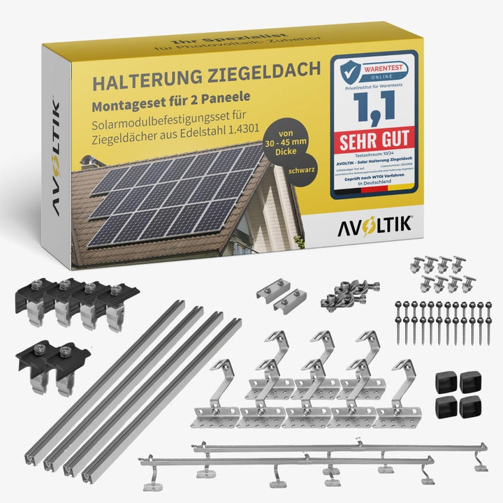 Avoltik Solar Halterung Ziegeldach mit Klemmen SCHWARZ I Montageset für 2 Paneele I 8 Dachhaken Edel