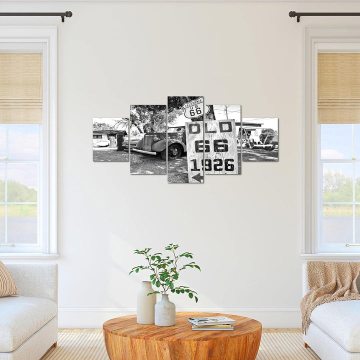 Runa Art Bild Wohnzimmer Auto Route 66 5 Teilig Vintage Schwarz Weiss Wandbilder auf Vlies Leinwand