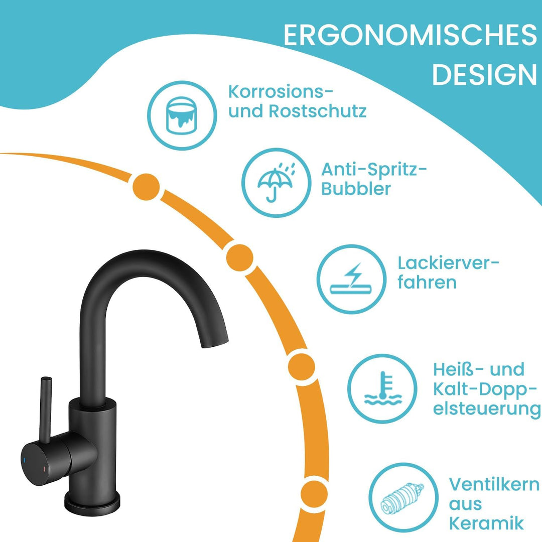 Wasserhahn Bad,Badarmatur/Küche,360°drehbar,Einhebelmischer,Edelstahl Waschbeckenarmatur Schwarz Zwe