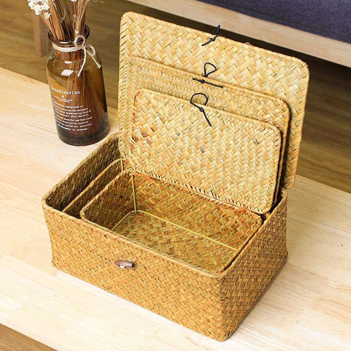 Rattankorb Aufbewahrungskorb aus Seegras Aufbewahrungsbox mit Deckel Dekobox Natürliches Material 3