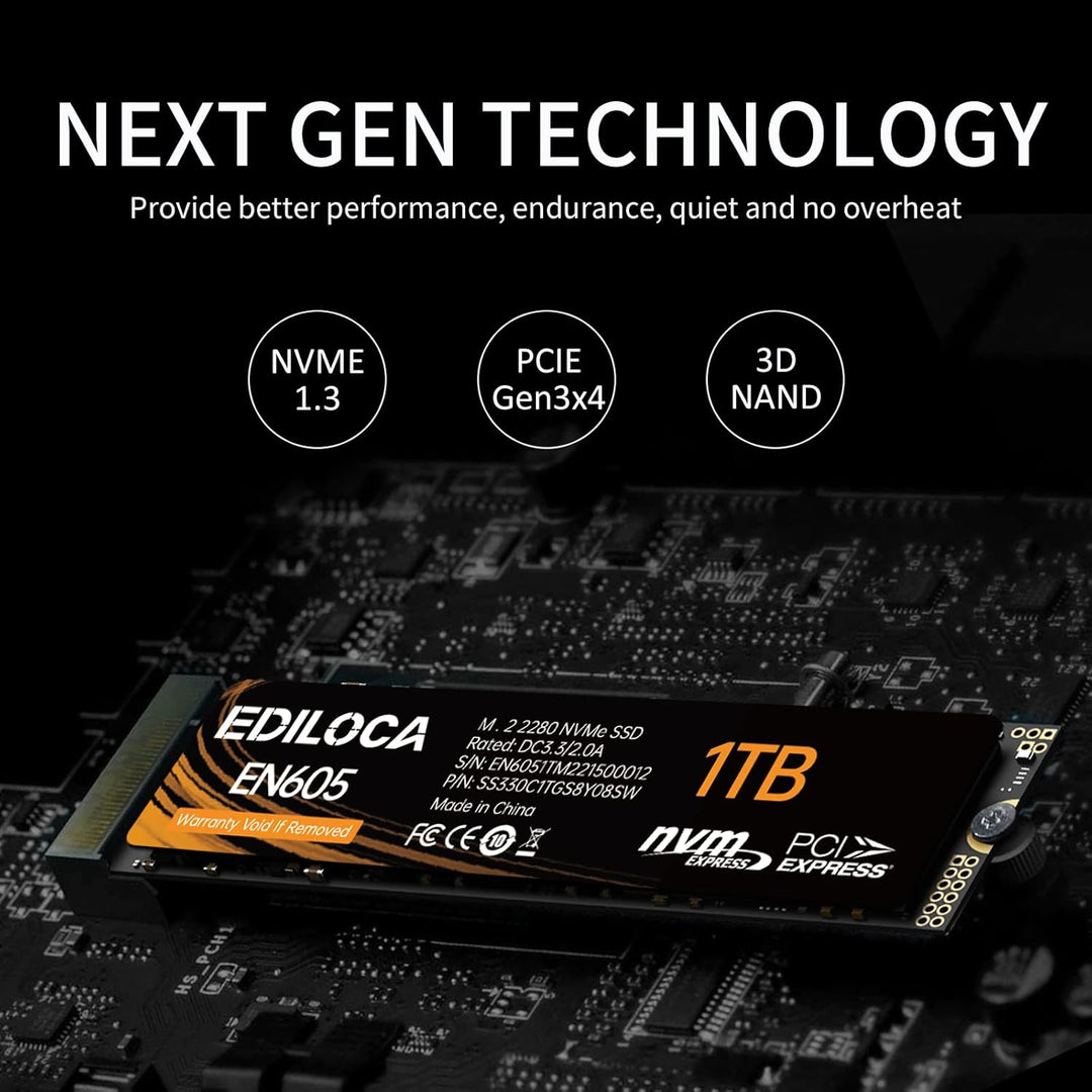 Ediloca EN605 1TB M.2 SSD, NVMe1.3 PCIe Gen3.0x4 SSD 3D NAND TLC interne Festplatte, M.2 2280 - Lese