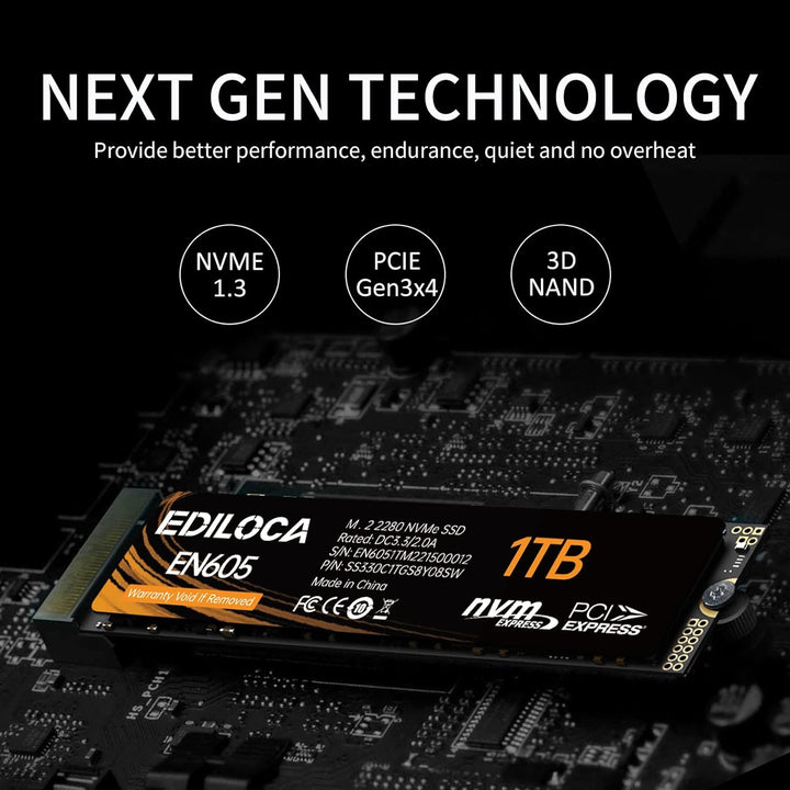 Ediloca EN605 1TB M.2 SSD, NVMe1.3 PCIe Gen3.0x4 SSD 3D NAND TLC interne Festplatte, M.2 2280 - Lese