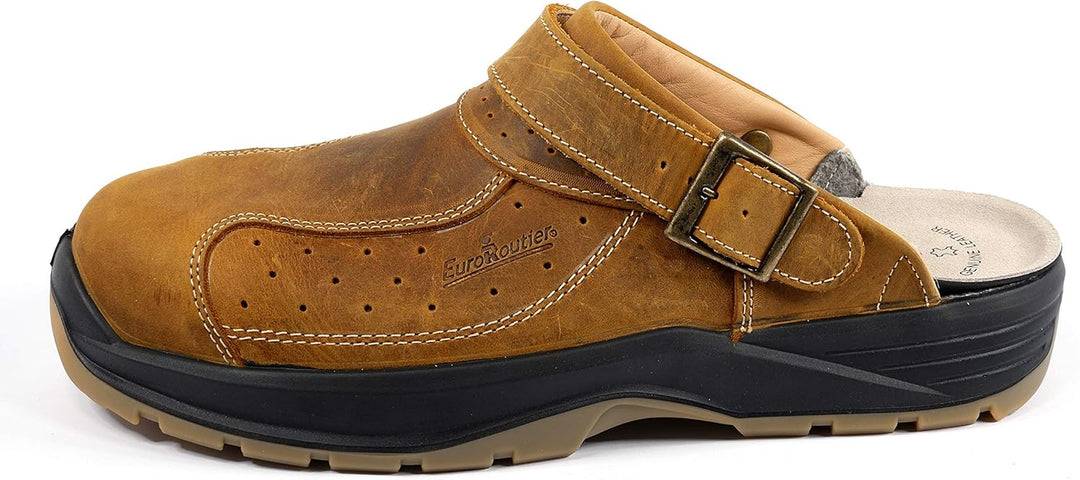 EuroRoutier Premium Leather Tucson Braun Clogs, SB+A+E+FO+SRC-zertifizierte, Sicherheitsclogs 46 EU