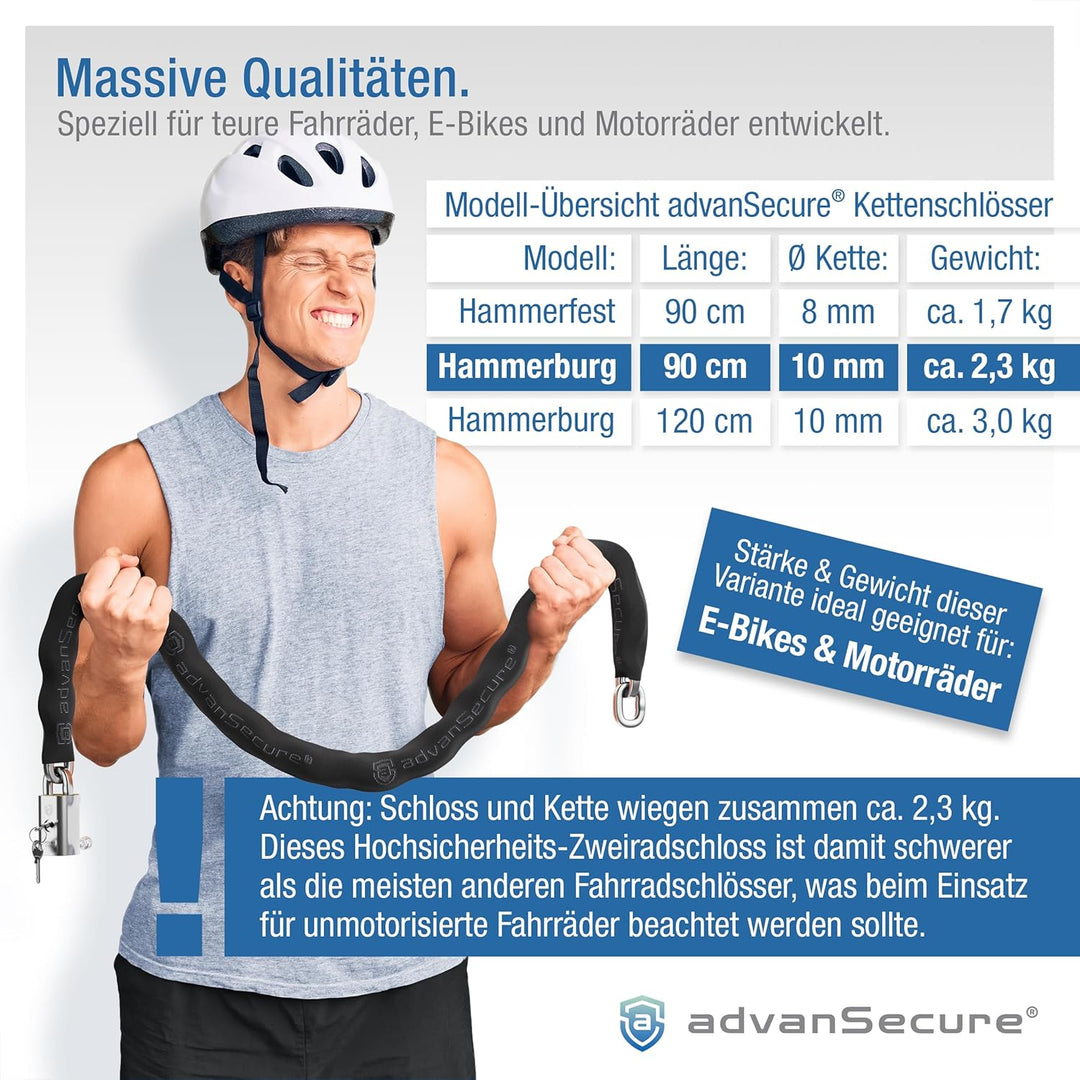 advanSecure® Hochsicherheits-Kettenschloss | optimal für E-Bike und Motorrad | max. Sicherheitsstufe