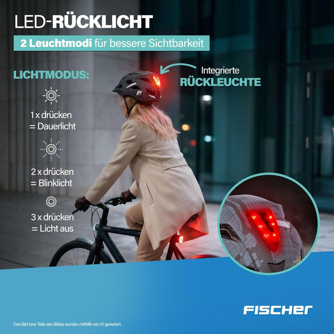 Fischer Erwachsene Fahrradhelm, Radhelm, Cityhelm Urban Plus, S/M oder L/XL, mit integriertem LED-Rü