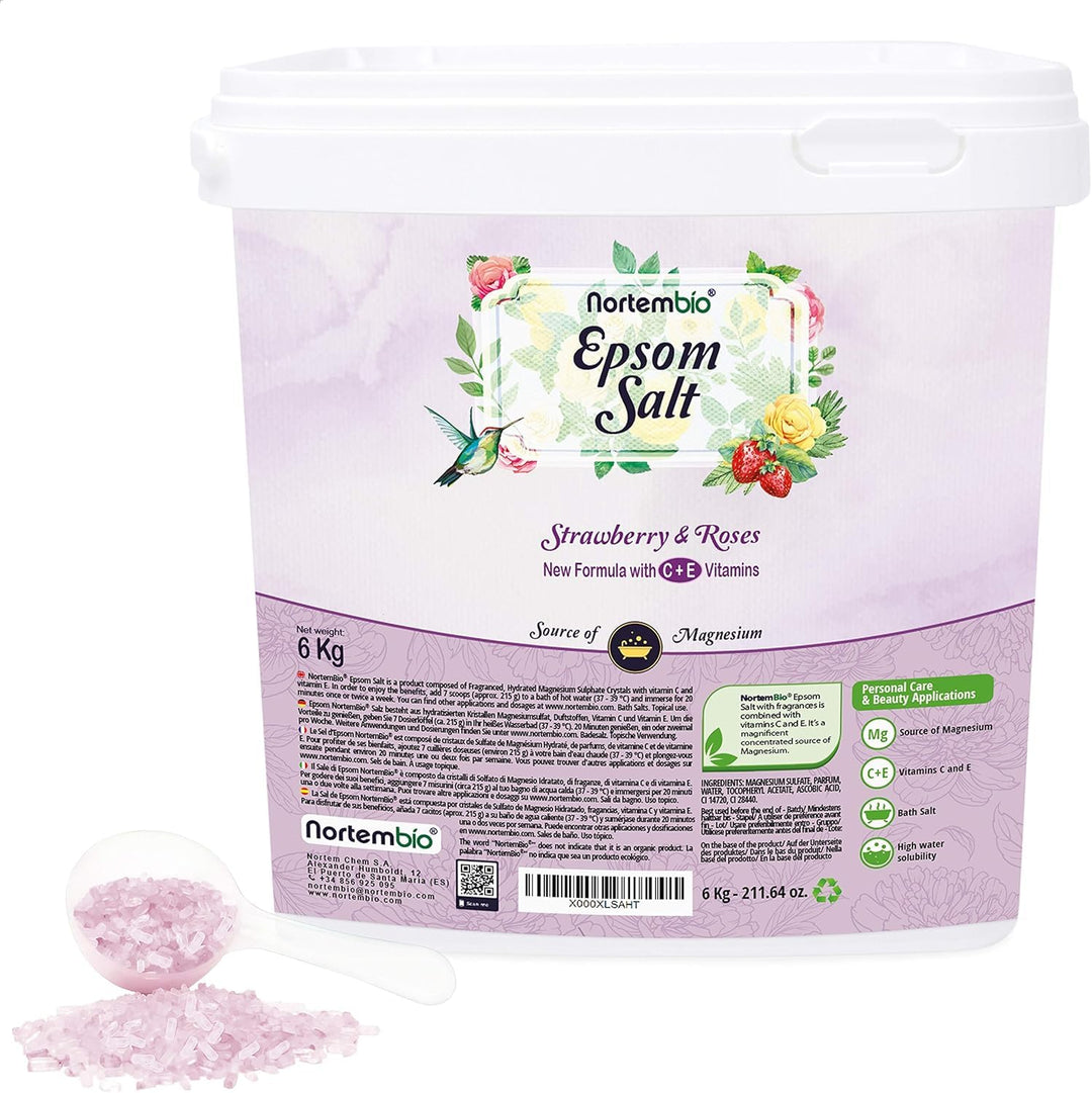 Nortembio Epsom Salz 6 Kg. Neuartigen Duft von Rosen und Erdbeeren. Hydratisiert mit Vitamin C und E