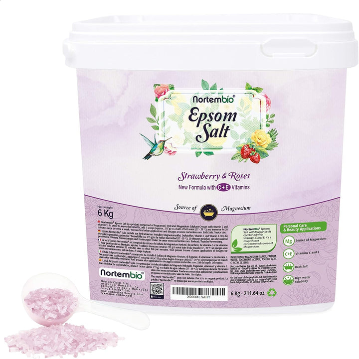 Nortembio Epsom Salz 6 Kg. Neuartigen Duft von Rosen und Erdbeeren. Hydratisiert mit Vitamin C und E