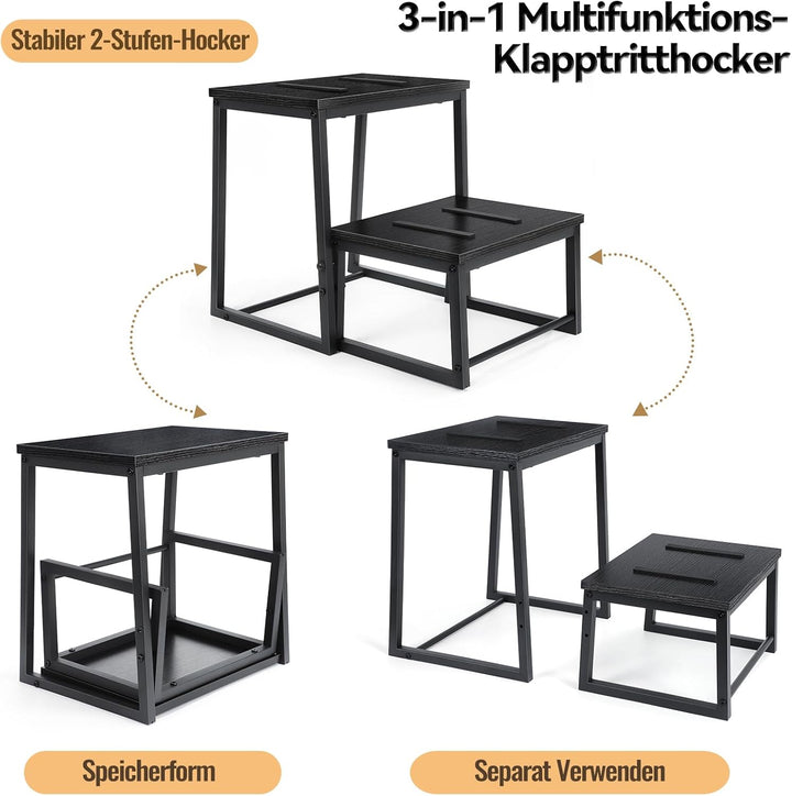 smusei 2 Stufen Tritthocker Klappbar für Erwachsene & Kinder, 3-in-1 Stabiler Holzhocker Fussbank Ab