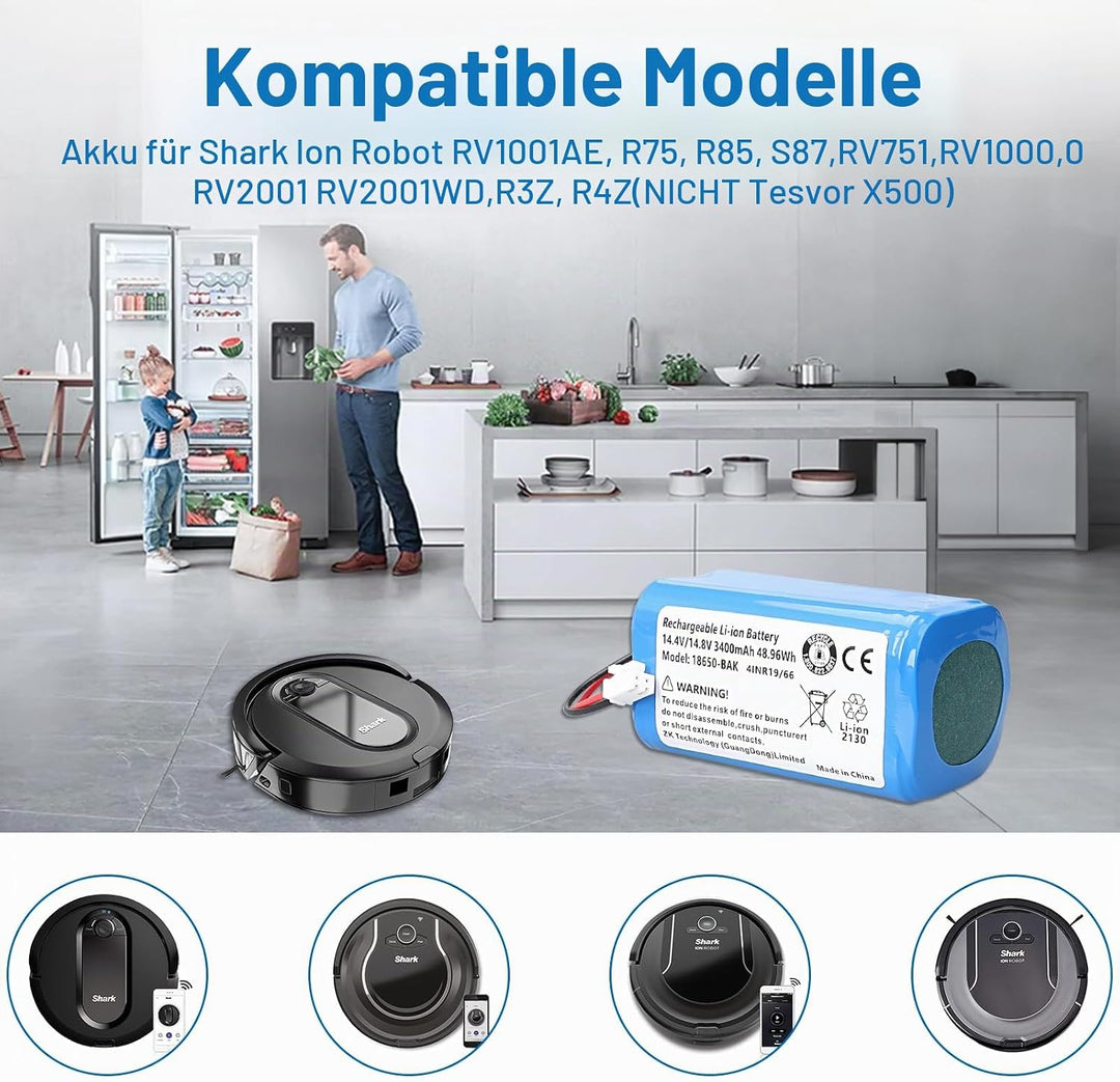 14,4 V 3400 mAh 48,96 Wh Li-Ionen-Ersatzakku, kompatibel mit Shark Ion Robot RV1001AE, R75, R85, S87