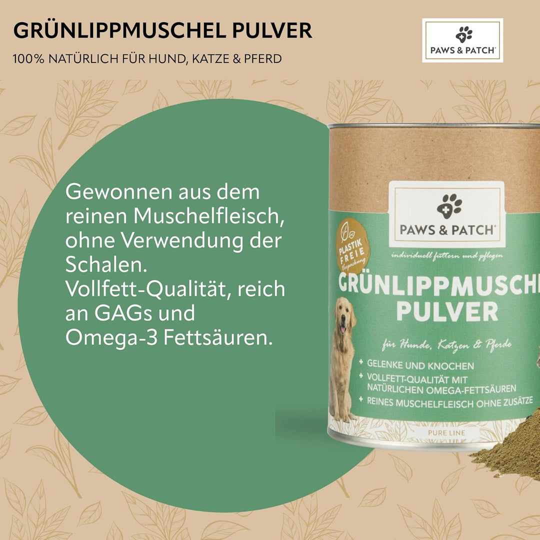 Paws&Patch reines GRÜNLIPPMUSCHEL Pulver für Hunde, Katzen & Pferde 150g plastikfrei I Vollfett-Qual