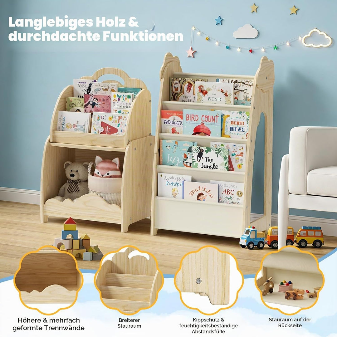 3-in-1 Kinderregal, Holz Kinder Bücherregal mit Spielzeugregal &amp; Hängetasche &amp; Offenem Fach, Tragbar