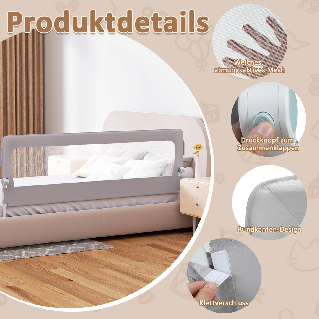 180 cm Bettgitter Rausfallschutz Klappbar, 72-86 cm höhenverstellbar Rausfallschutz Kinderbett, zusa