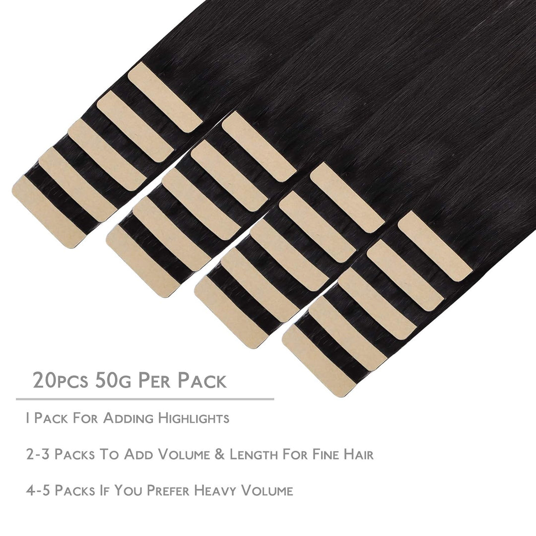 WENNALIFE Tape Extensions Echthaar, 20pcs 50g 60cm 24 Zoll Natürliches Schwarz Remy Invisible Tape E