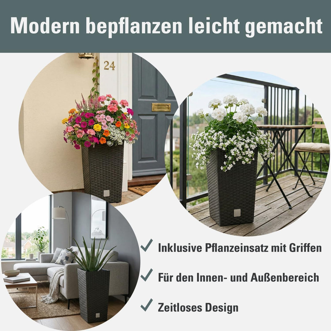Prosperplast Blumentopf in Rattan-Optik Pflanzkübel mit Einsatz | 32,5 x 32,5 x 61 cm | anthrazit |