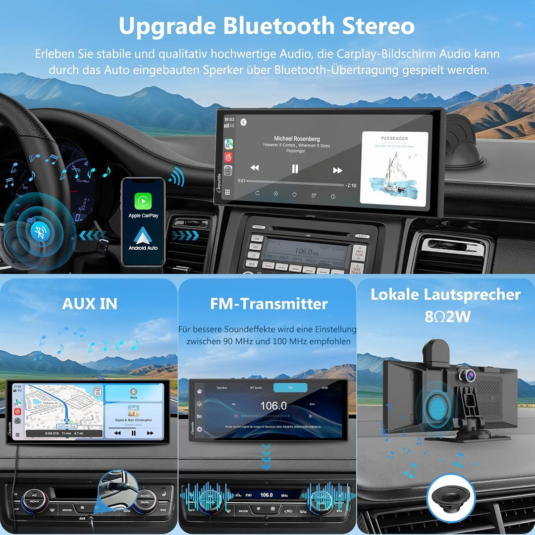 Carpuride W125S Carplay Bildschirm mit 3 Kanal Dash Cam, 4K Front & 1080P Rückkamera, 1080P Infrarot