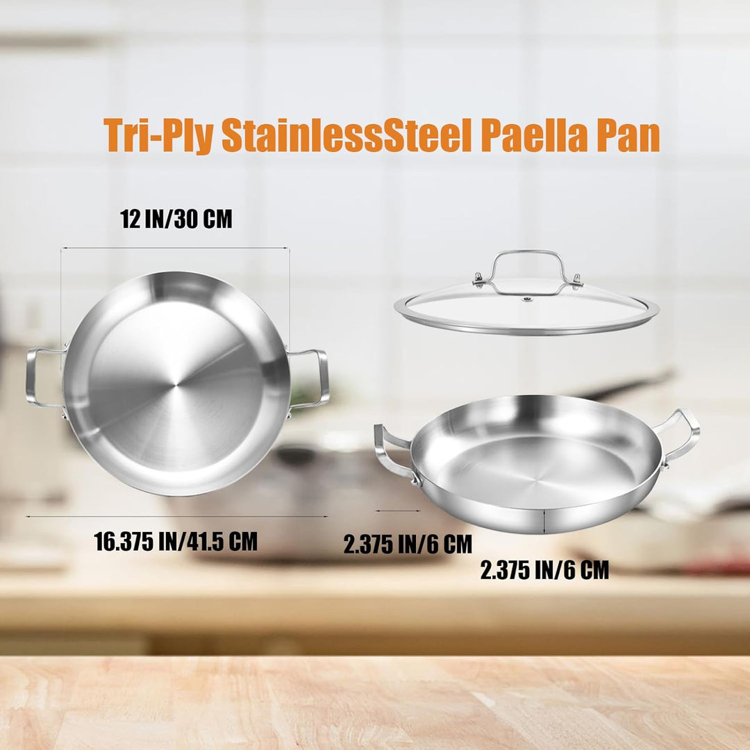 Inqibee Paella Pfanne 30 cm mit Deckel, Edelstahl Paellapfannen, Edelstahlpfanne Unbeschichtet, Stai