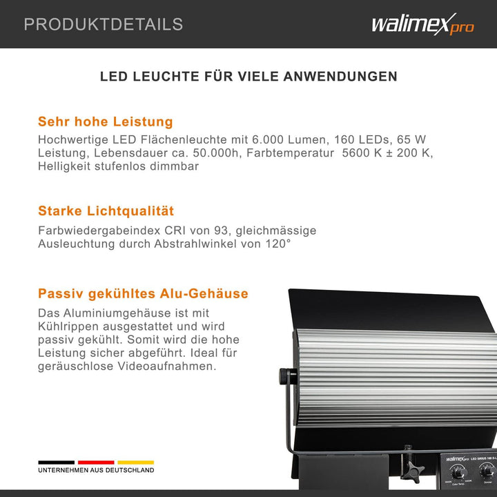 Walimex pro LED Sirius 160 Daylight 2er Set mit Stativ + Fernbedienung - 2x 65W Daylight Flächenleuc