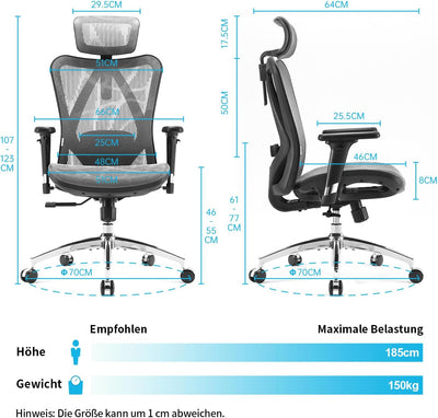 SIHOO Ergonomischer Bürostuhl, Chefsessel mit 3D verstellbare Armlehne und Lendenwirbelstütze, Hautf