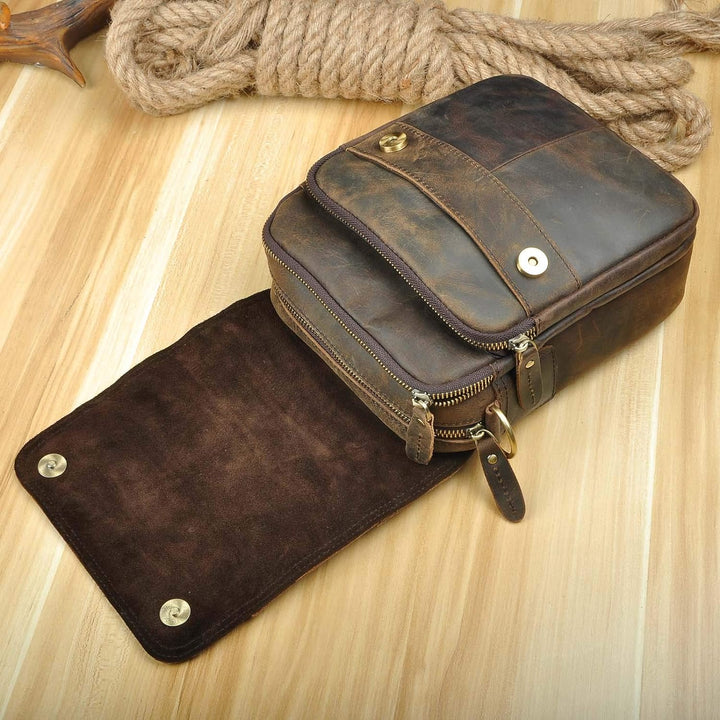 Le'aokuu Herren Echtleder Sling Messenger Schultertasche Tasche (144 Dunkelbraun)