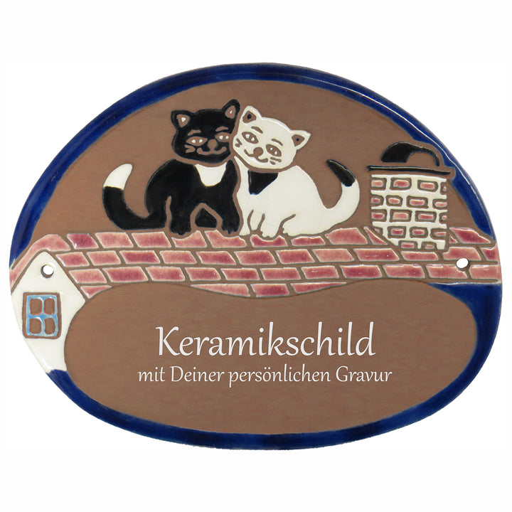 Handarbeit aus Schleswig-Holstein Keramikschild 19,0 x 15,0 cm Motiv Zwei Katzen auf Ziegeldach (bra