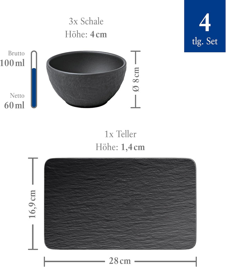 Villeroy & Boch – Manufacture Rock Dipschälchen Set 4 Teilig Schwarz Matt, Spülmaschinenfest, Mikrow