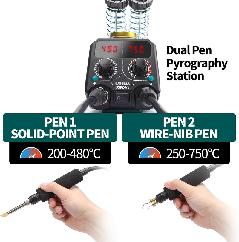 YIHUA 939D-VII brandmalerei-Werkzeug Holzbrennstift-Set Station 2-in-1 Solid-Point 200-480°C (mit Te