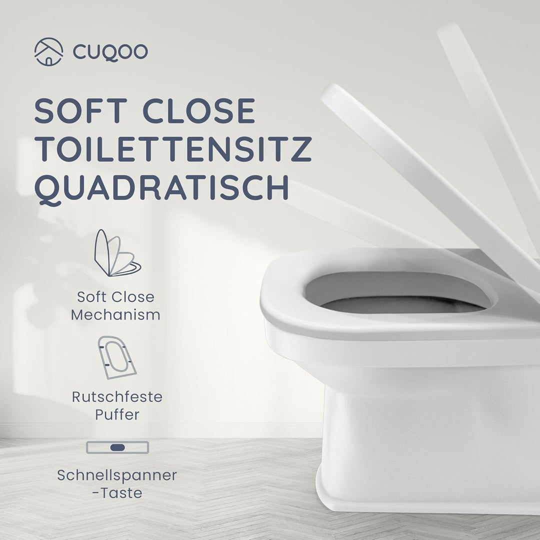 CUQOO Toilettensitz mit Absenkautomatik, quadratisch, hochwertiger robuster Toilettensitz mit Schnel