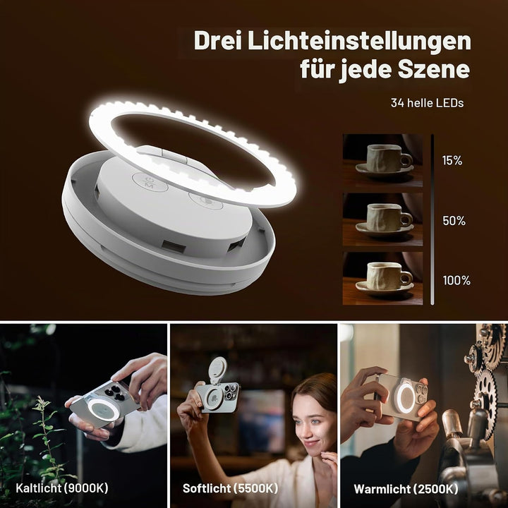 PGYTECH MagGlow Magnetisches Handy-Fülllicht, MagSafe Selfie-Licht, Tragbares Magnet-LED-Ringlicht m
