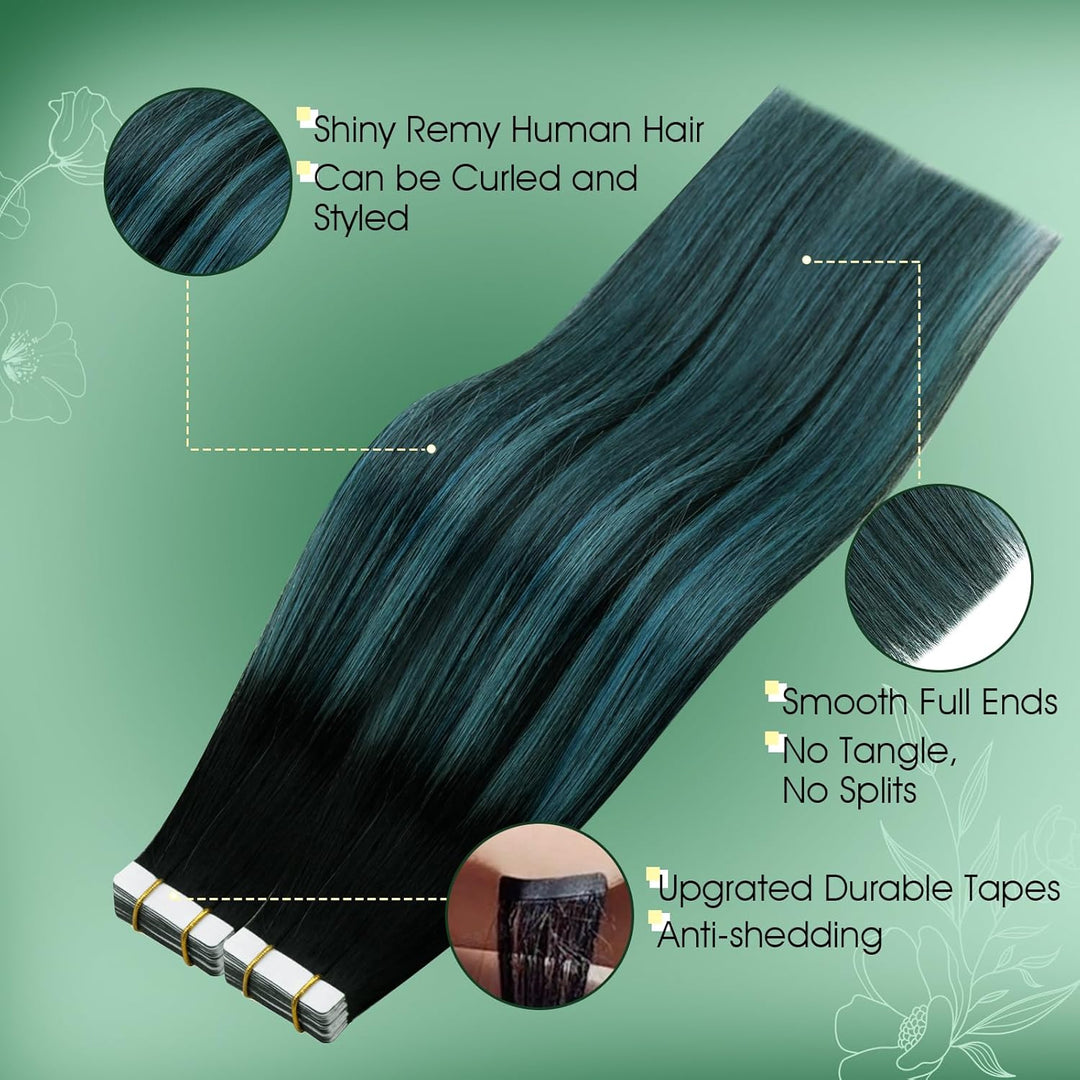 RUNATURE Tape in Extensions Echthaar 30cm Balayage Schwarz Green Ombre Kurz Haarverlangerung Echthaa
