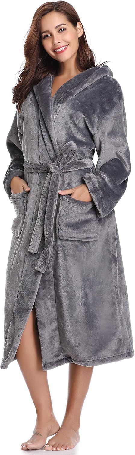 Vlazom Winter Bademantel weicher Flanell Bademantel Damen Saunamantel mit Kapuze Flauschiger Morgenm