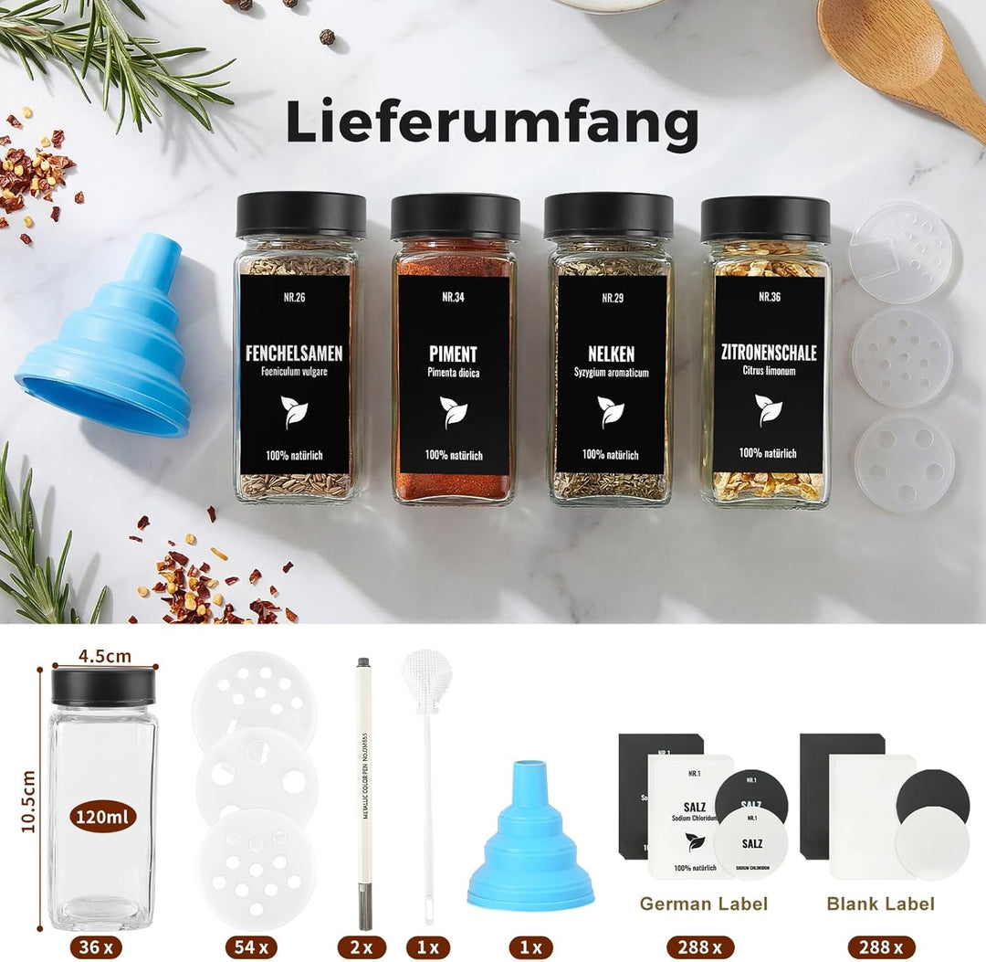 36pcs Gewürzgläser Eckig mit Edelstahldeckel, 120ml Glasbehälter mit Streueinsatz, Luftdichte Gewürz