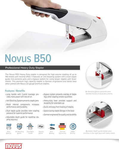 Novus B 50 Blockheftgerät (Bürohefter mit variabler Einlegetiefe bis 75 mm, 140 Blatt, Antiblockiers