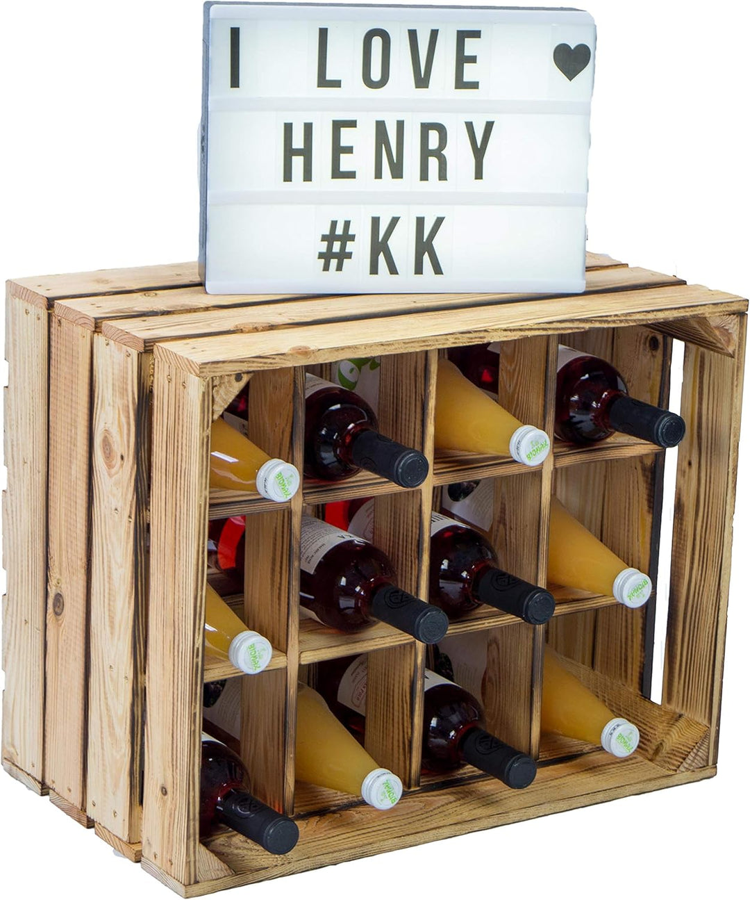 Flaschenregal Henry / Natur / geflammt Masse ca 50x40x30cm Regalkiste Flaschenablage Weinregal Apfel