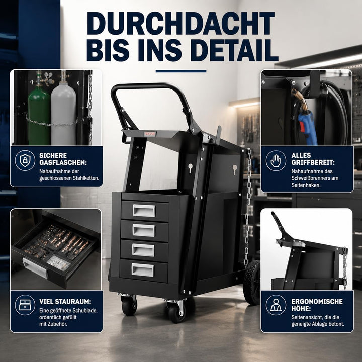 WERKTHOR Schweisswagen 100 kg Tragkraft - Schweisstisch mit 4 Schubladen inkl Gashalterung mit Siche