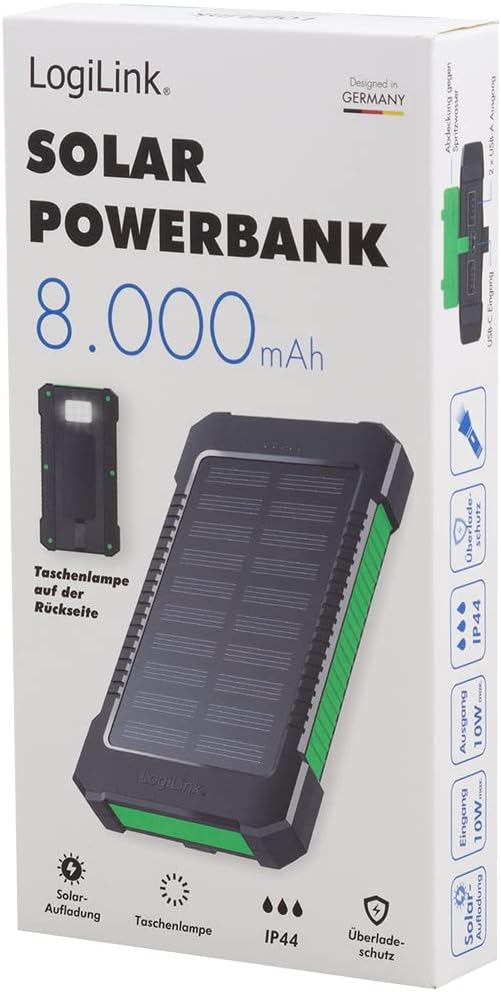 Solar-Powerbank mit 8000 mAh, Taschenlampe, gleichzeitiges Aufladen von 2 Geräten (2X USB Typ-A), sc